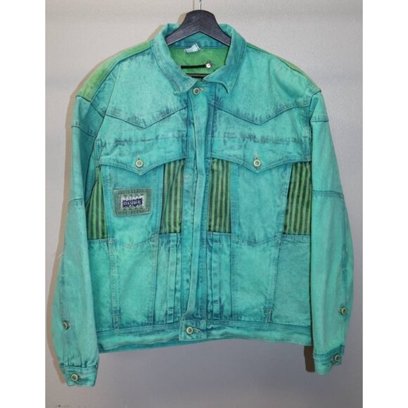 Vintage 90s Major Damage Turquoise Denim Jacket Men’s XL Hong Kong Hip Hop Rave - Picture 9 of 12